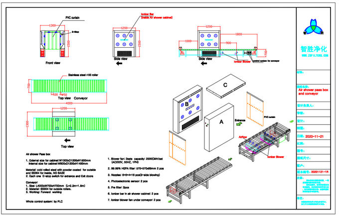 Cleanroom Steel Air Shower Pass Box Dan Konveyor Rol Otomatis 0