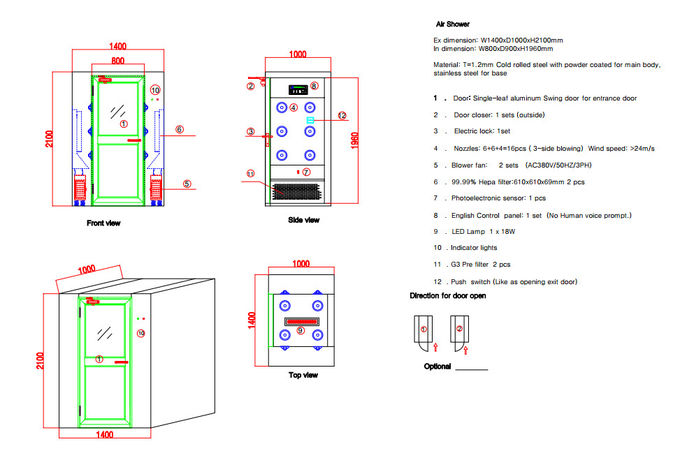 Kamar Mandi Udara Vertikal Bersih Dengan Kontrol Pintu Aluminium Swing Dengan IC Control Panel 0